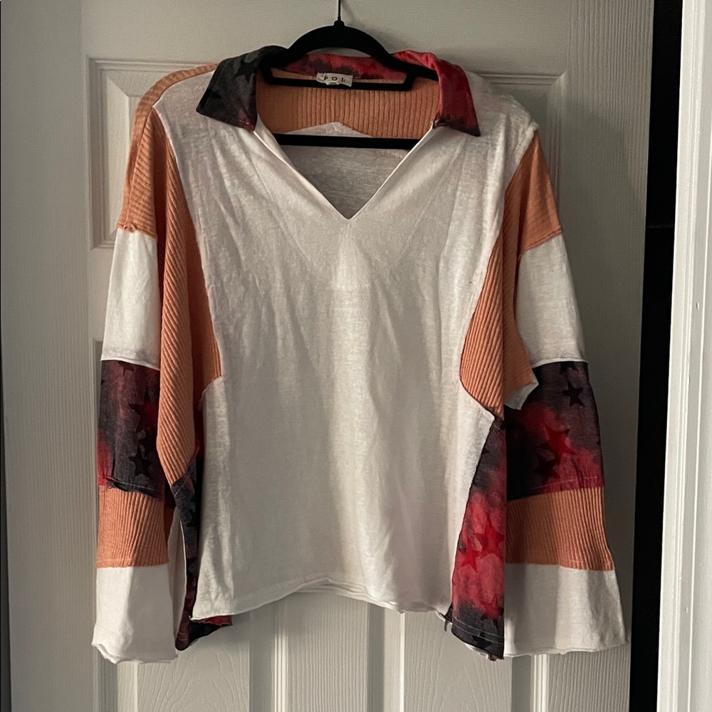 POL Color Block Long Sleeve Top - White, Peach, Red